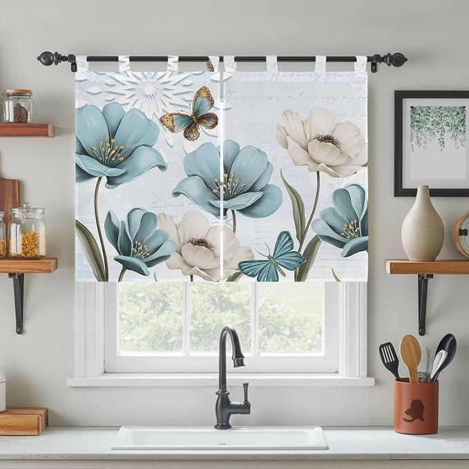 Blue Tulips Bedroom Curtains 63 Inch Length, Window Curtains Tab Top, - Image 3