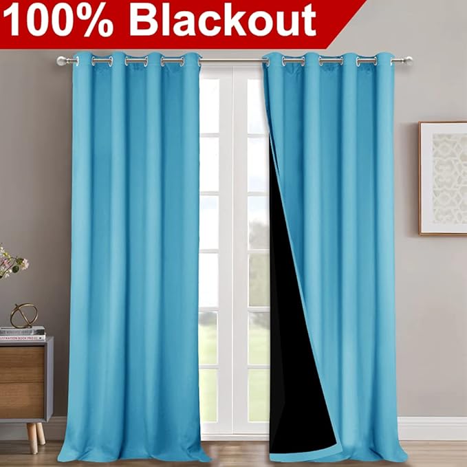NICETOWN 100% Blackout Blinds, Set of 2, 46" x 102", Teal Blue, Laundry Room Decor Window Treatment Curtains for Large Patio Sliding Door, Thermal Insulated Curtains for Bedroom