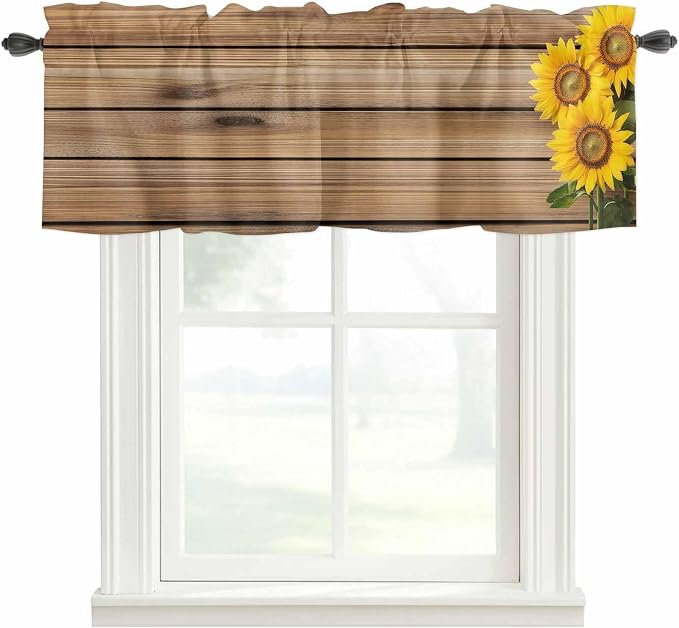 Kitchen Valances for Window, Farm Sunflower on Vintage Wood Grain Light - Image 3