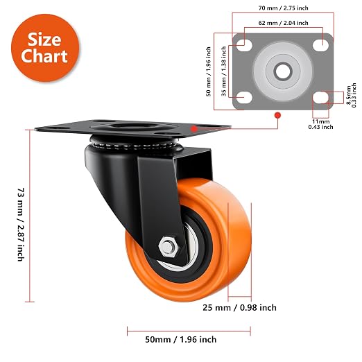 2" Swivel Plate Casters Set of 4 Heavy Duty 400 lbs | Orange PU, Non-Marking - Image 2