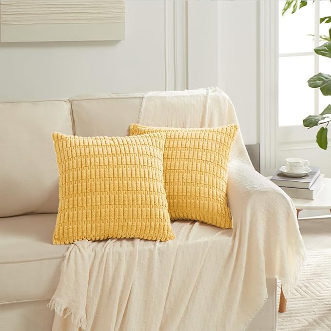 Fancy Homi 4 Packs Yellow Spring Decorative Throw Pillow Covers 20x20 Inch for Living Room Couch Bed Sofa, Rustic Farmhouse Boho Home Decor, Soft Striped Corduroy Square Cushion Case 50x50 cm