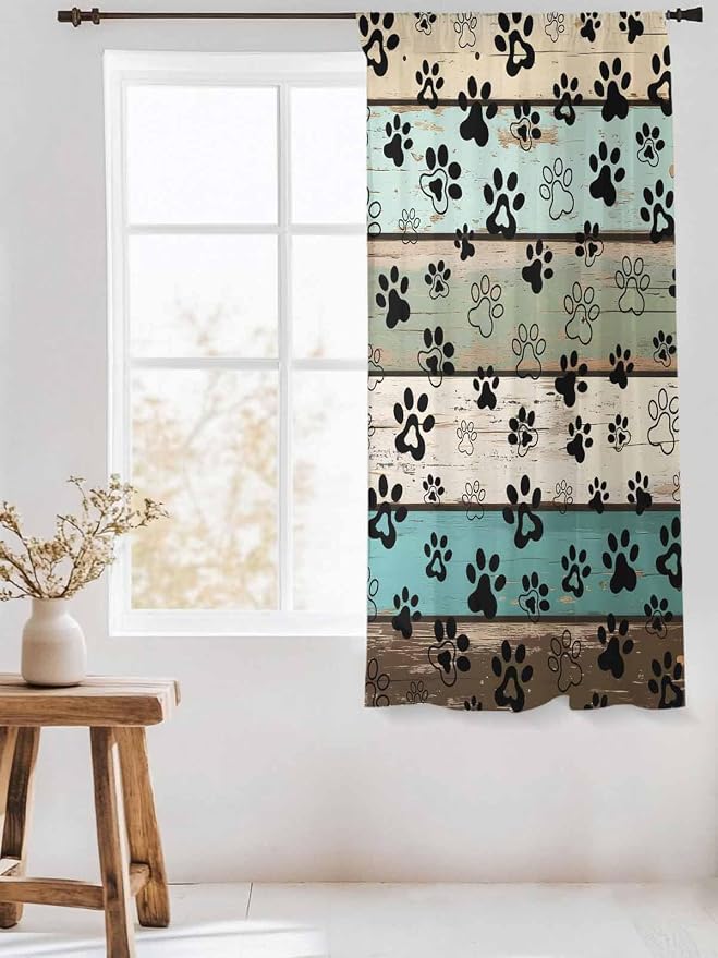 Sheer Curtains 63 Inch Length, Sage Green Brown Paw Prints Semi Sheer Curtains - Image 3
