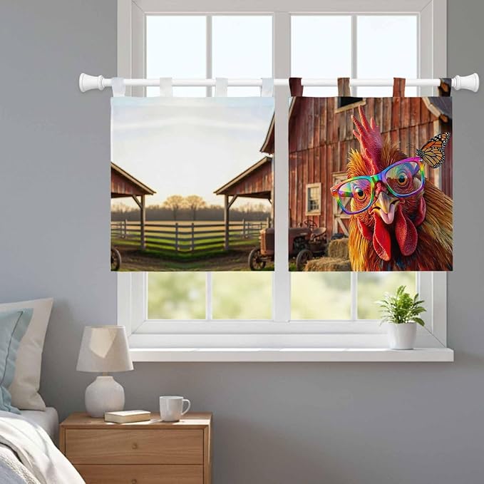 Farm Rooster Kitchen Curtains 24 Inch Length, Small Window Curtains Tab Top - Image 9