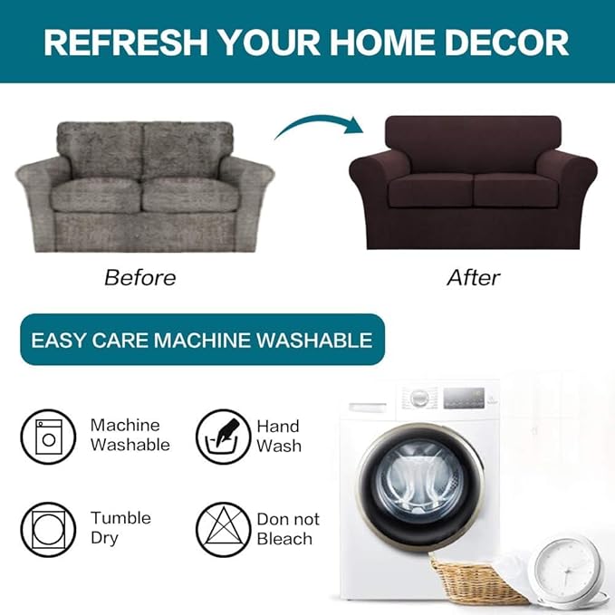 Turquoize 3 Piece Sofa Covers For 2 Cushion Couch Sofa Slipcover Soft Couch Cover For Dogs-Washable Sofa Furniture Covers With 2 Individual Cushion Covers, Feature Thick Fabric (2 Cushion Sofa, Brown)
