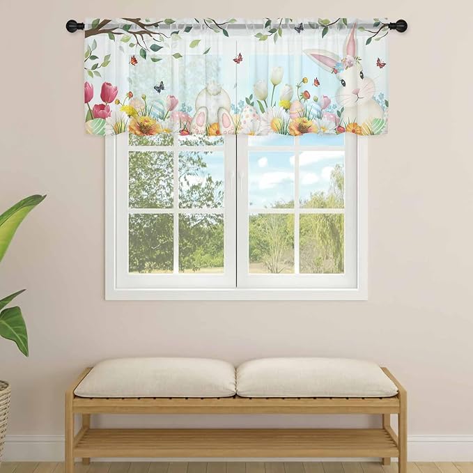 Easter Sheer Valances for Windows 42"x18", Light Filtering Kitchen Curtains - Image 4