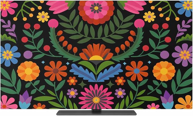 Abstract Boho Flower Floral on Black Indoor TV Cover, Elastic TV Screen by Unknown