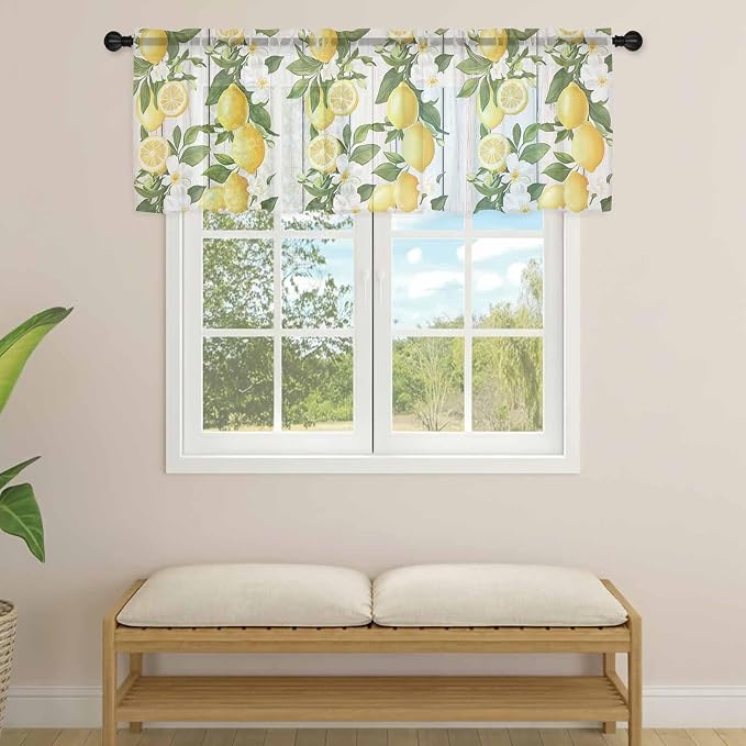 Spring Summer Lemon Sheer Valance Curtains, Leaf Flower White Wood Grain Light - Image 4