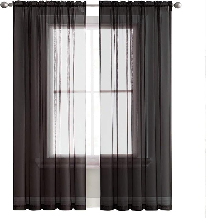 SpaceDresser Black Sheer Curtains 4 Panels Rod Pocket Semi-Sheer Curtain 96 Inches Long Light Filtering Voile Window Drapes for Bedroom Living Room Kitchen, Each 52W x 96L