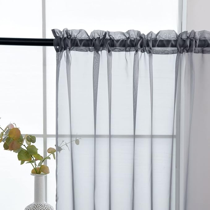 SpaceDresser Sheer Voile Window Treatment Rod Pocket Curtain Panels for Kitchen Bedroom Living Room Drapes Sunlight Filtering Privacy Semi Home Decor Assorted Colors Sizes (Grey, 52 W x 90 L)