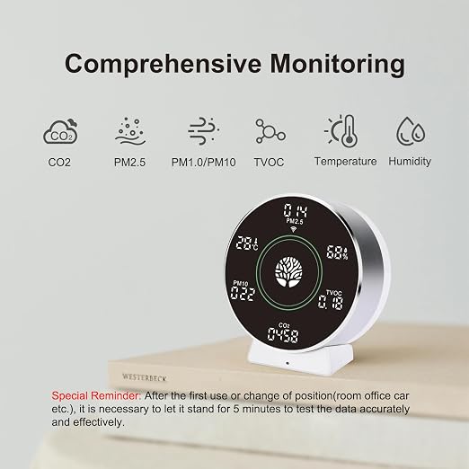 8-in-1 IAQ SensorsWireless, Air Quality Monitor Indoor, CO2 TVOC Temperature - Image 2