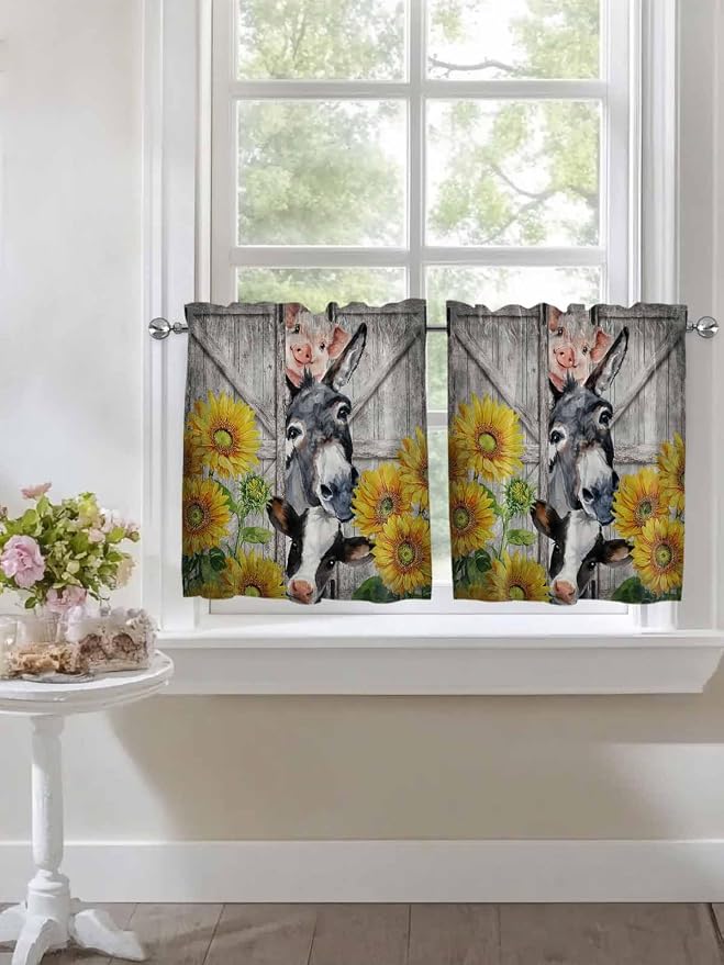 Farmhouse Half Window Curtains 24 Inches Long, Vintage Sunflowers Animals - Image 7
