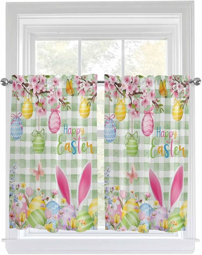 Happy Easter Tier Curtains 45 Inches Long, Spring Bunny Eggs Flower Sage Green by Unknown