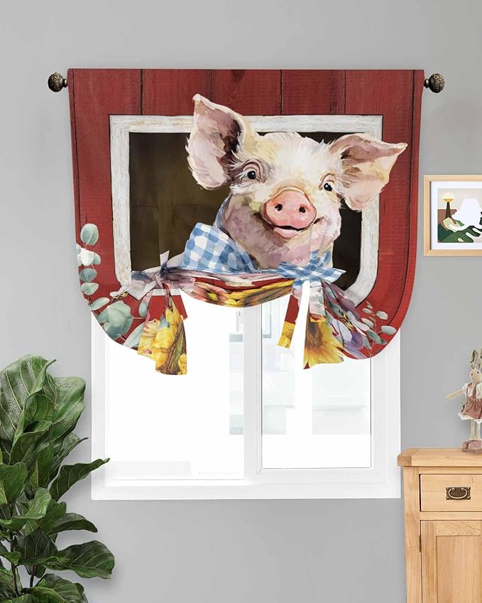 Tie Up Curtains for Windows, Pig Sunflowers Adjustable Balloon Nature Linen by Anzona