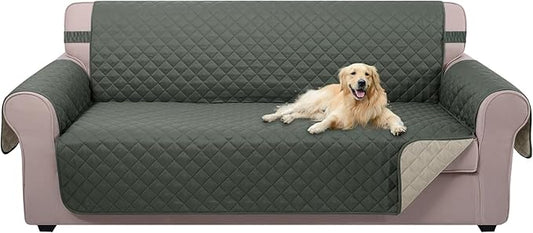 U-NICE HOME 4 Seater Sofa Cover 91 Inch Large Couch Covers for 4 Cushion Couch with Elastic Straps Water Resistant Furniture Protector Cover for Pets Cat (Sofa XX-Large, Grey/Beige)