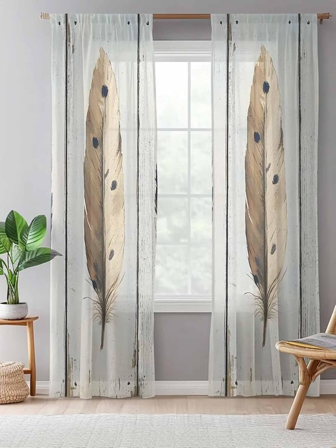 Sheer Curtains 84 Inches Long, Farmhouse Feather Semi Sheer Curtains Light - Image 5