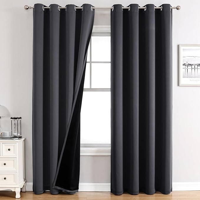 ChrisDowa 100% Blackout Curtains 102 inch Long for Bedroom with Black Liner, 2 Thick Layers Total Blackout Thermal Insulated Grommet Window Curtains 2 Panels Set (Dark Grey, 52 x 102 Inch)