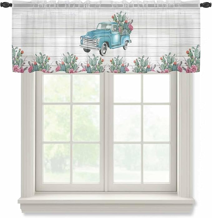 Farmhouse Sheer Valance Curtains, Summer Blue Car by Houseown