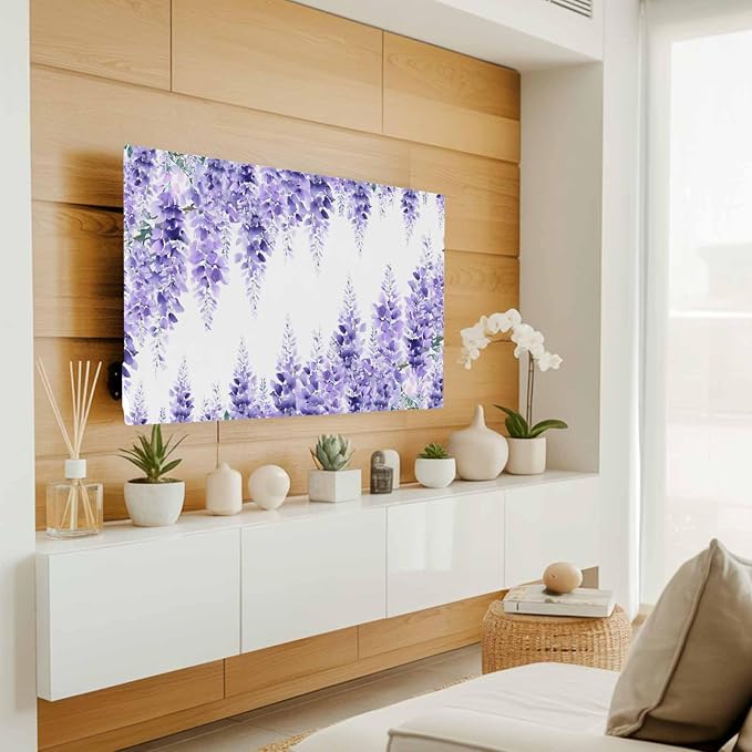 Watercolor Purple Vineflowers Leaves Indoor TV Cover, Elastic TV Screen - Image 2