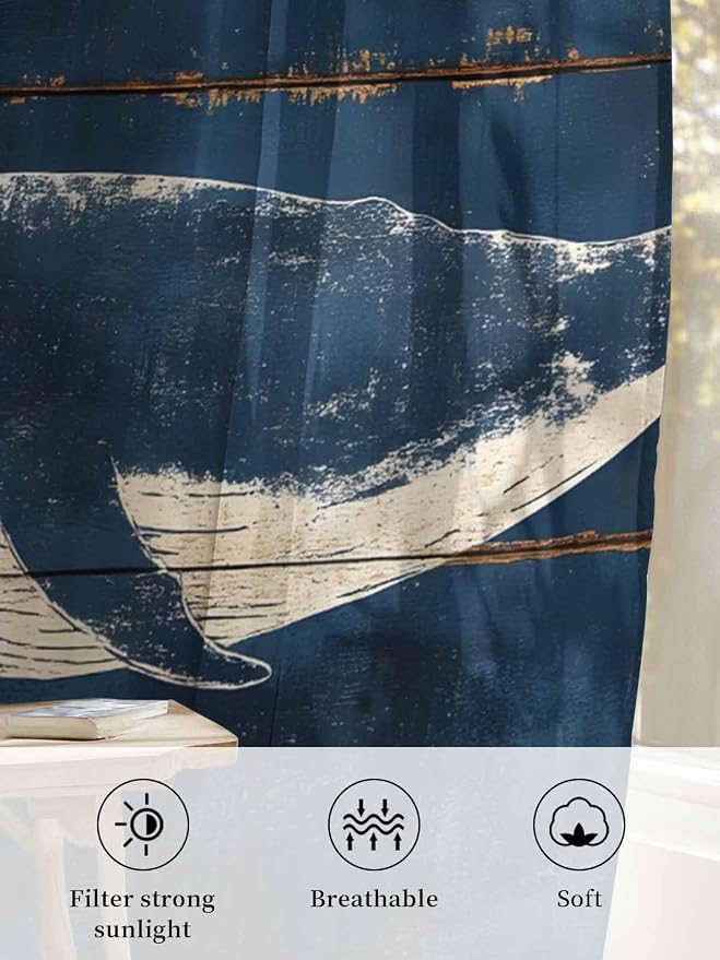 Sheer Curtains 96 Inches Long, Summer Whale Blue Semi Sheer Curtains Light - Image 6