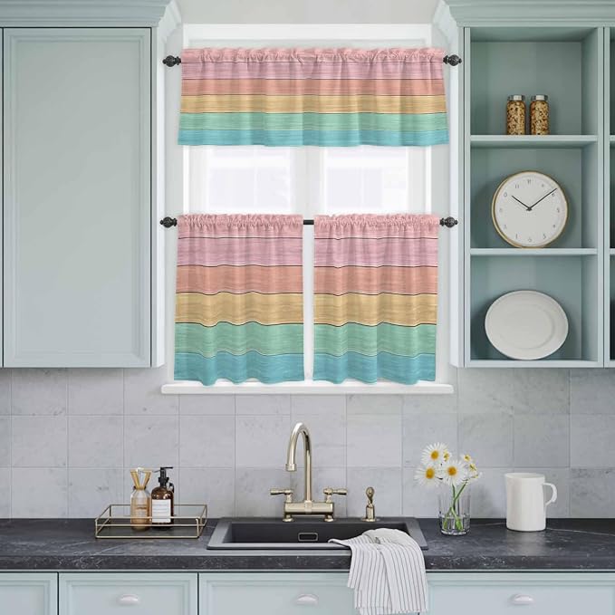 Kitchen Window Curtains Valance and Tier Set, Farm Colorful Wooden Plank Rod - Image 8