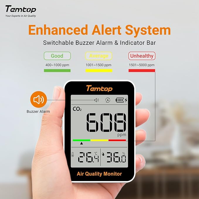 Temtop CO2 Monitor Indoor air Quality Monitor Portable CO2 Meter, Temperature - Image 3
