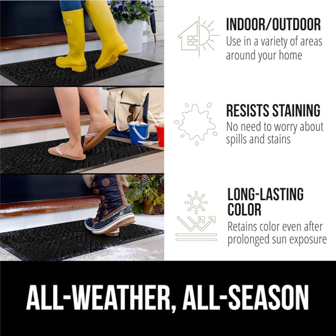 GORILLA GRIP 100% Waterproof All-Season WeatherMAX Doormat US Designed Natural Rubber, Stain and Fade Resistant, Low Profile Indoor Outdoor Door Mats, Easy Clean Patio Mat, 29x17, Black Diamond