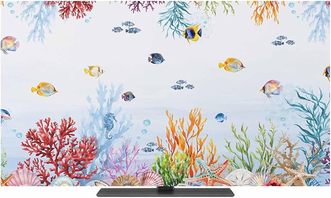 Vintage Watercolor Ocean Marine Life Indoor TV Cover, Elastic TV Screen by Unknown