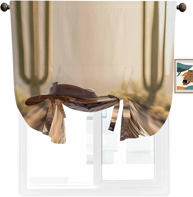 Tie Up Curtains for Windows, Cowboy Western Adjustable Balloon Nature Linen - Image 2