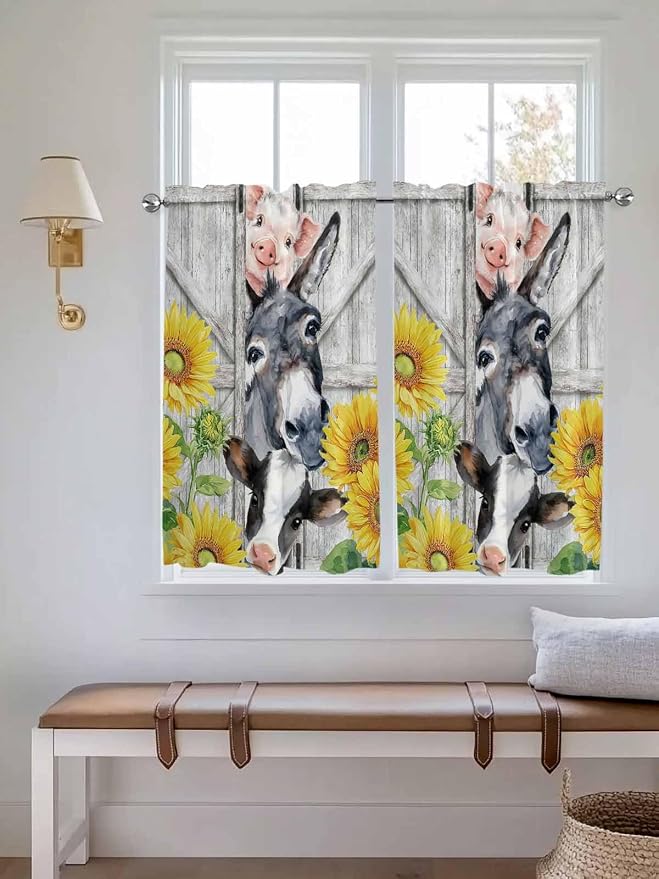Farmhouse Kitchen Curtains 45 Inches length, Watercolor Sunflowers Animals - Image 4