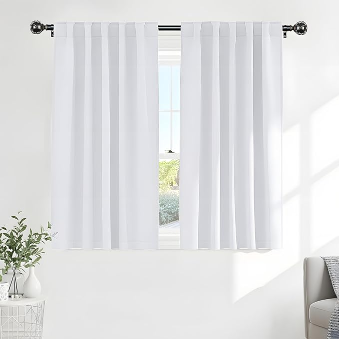 PONY DANCE White 50% Lighting Blocking Curtains for Kitchen, Short Non-See-Through Thermal Insulated Room Darkening Back Tab Small Drapes for Nursery Bedroom Window, W34 x L54, Pure White, 2 Panels