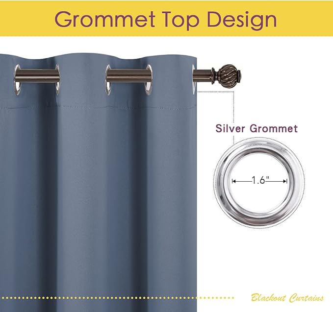 NICETOWN Blackout Draperies Curtains for Kids Room, Window Treatment Thermal Insulated Solid Grommet Blackout Drape Panels for Bedroom (Stone Blue, Set of 2, 70 by 84 inches)