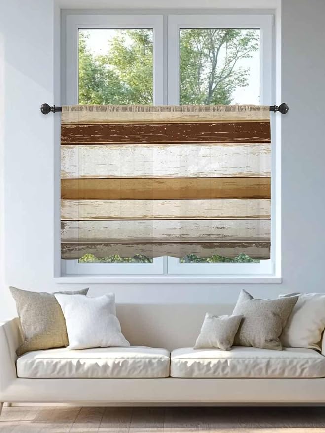 Sheer Curtains 45 Inch Length, Vintage Country Geometric Striped Privacy Voile - Image 4