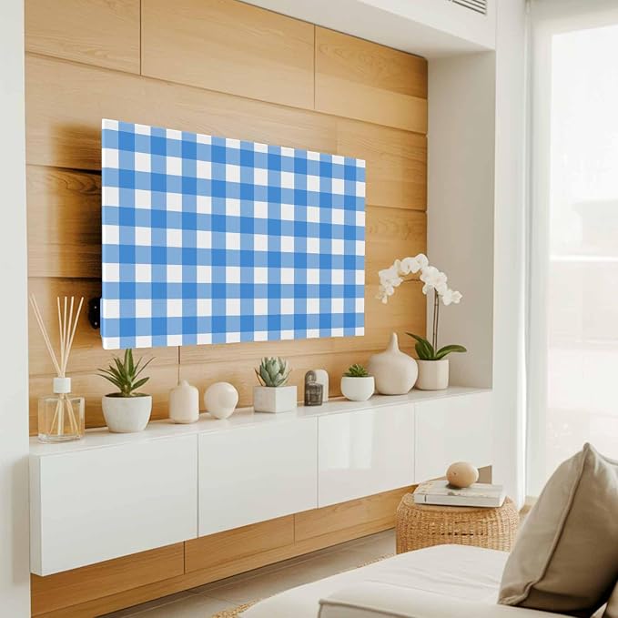Minimalist Blue White Buffalo Plaid Indoor TV Cover, Elastic TV Screen - Image 2