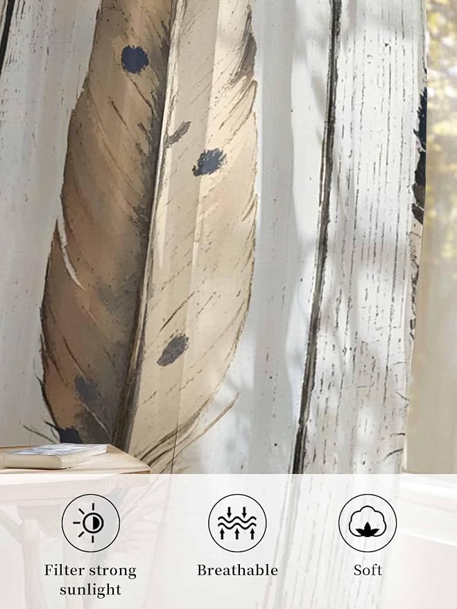 Sheer Curtains 108 Inches Long, Farmhouse Feather Semi Sheer Curtains Light - Image 6
