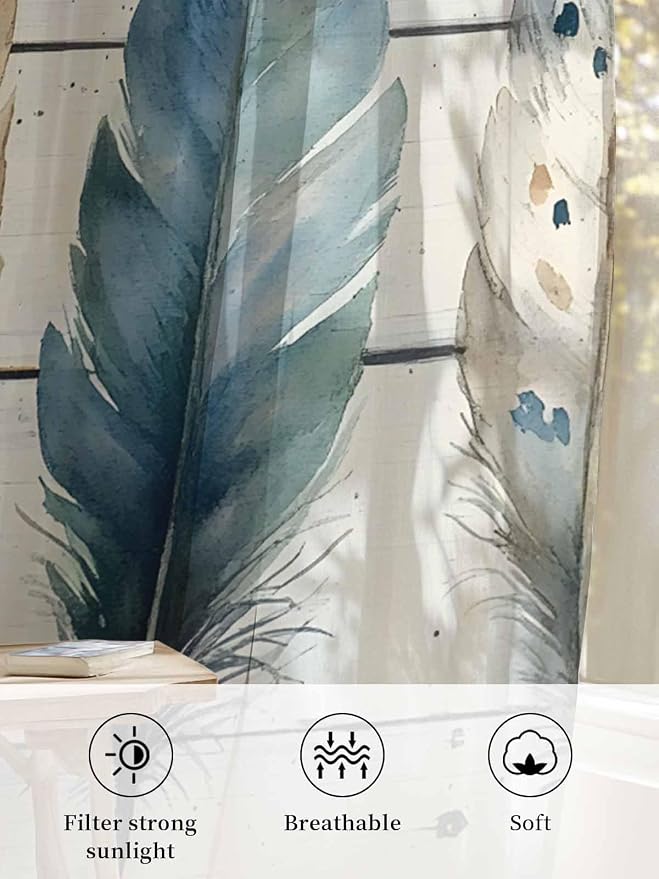 Sheer Curtains 72 Inches Long, Boho Blue Feathers Semi Sheer Curtains Light - Image 6