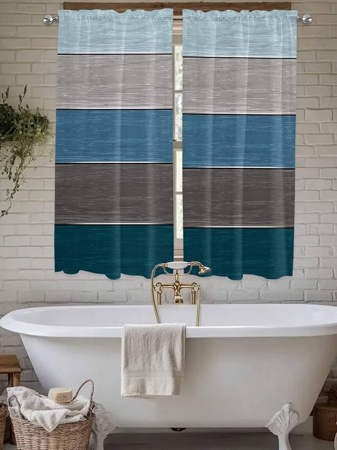 Retro Farm Blue Gray Wood Grain Window Valance Curtains, Rustic Wooden Plank by IDOWMAT