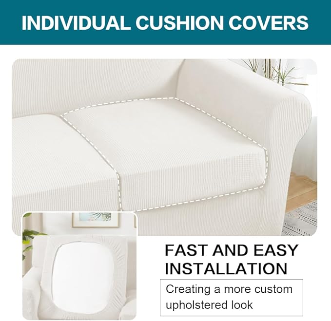 Turquoize 3 Piece Sofa Covers for 2 Cushion Couch Sofa Slipcover Soft Couch Cover for Dogs-Washable Sofa Furniture Cover with 2 Individual Cushion Covers, Feature Fabric (2 Cushion Sofa, Porcelain)