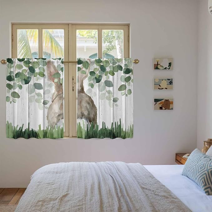 Easter Tier Curtains, Country Rabbit Botanical Leaves Wooden Grain Light - Image 4