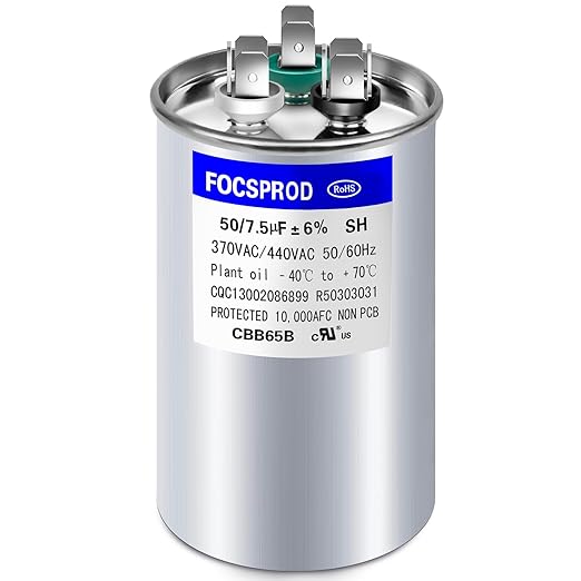 FOCSPROD 50+7.5 uF 50/7.5 MFD ±6% 370V/440V CBB65B AC Capacitor, Dual Run Round by FOCSPROD