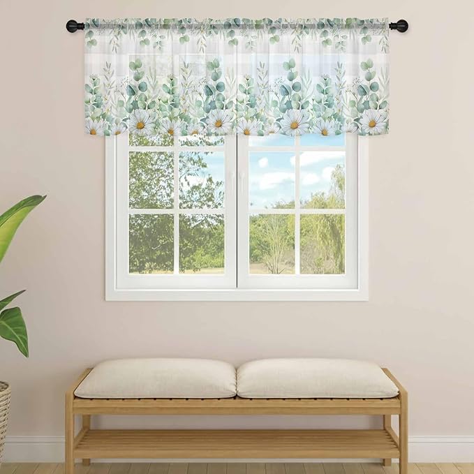 Eucalyptus Leaves Daisy Sheer Valance Curtains, Summer Farmhouses Gray Plaid - Image 4