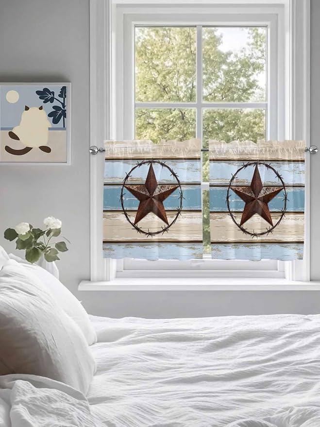 Vintage Western Star on Wood Grain Window Valance Curtains, Retro Wooden - Image 3