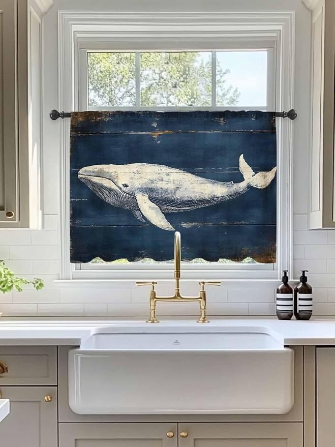Sheer Curtains 54 Inch Length, Ocean Vintage Whale Semi Sheer Curtains Light - Image 3