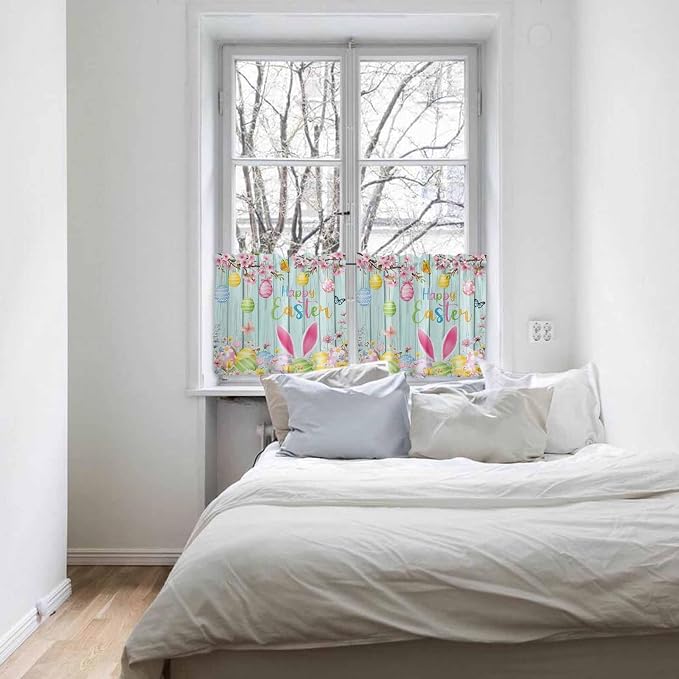 Happy Easter Half Window Curtains 24 Inches Long, Spring Bunny Eggs Flower Teal - Image 5