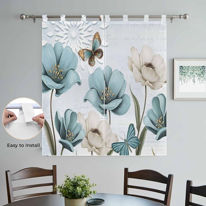 Blue Tulips Living Room Curtains 84 Inch Length, Window Curtains Tab Top - Image 4
