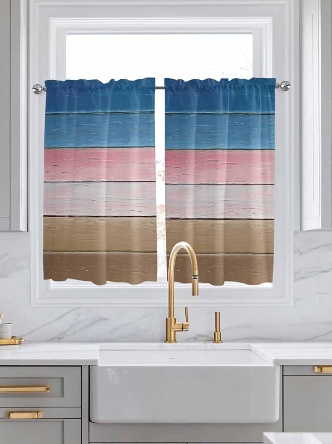 Blue Pink Brown Gradient Wood Grain Window Valance Curtains, Vintage Wood Board by IDOWMAT