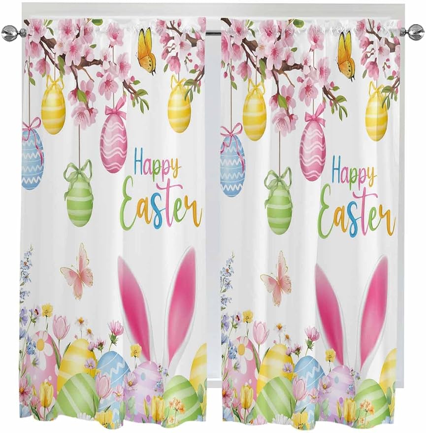 Happy Easter Bedroom Curtains 63 Inches length, Spring Watercolor Bunny Eggs by Unknown