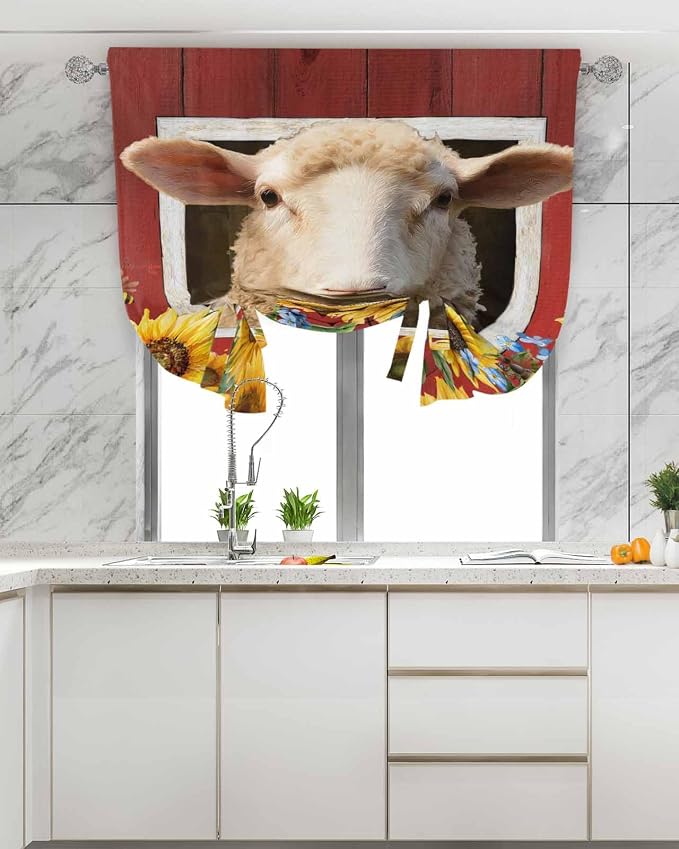 Tie Up Curtains for Windows, Sheep Sunflower Adjustable Balloon Nature Linen - Image 4