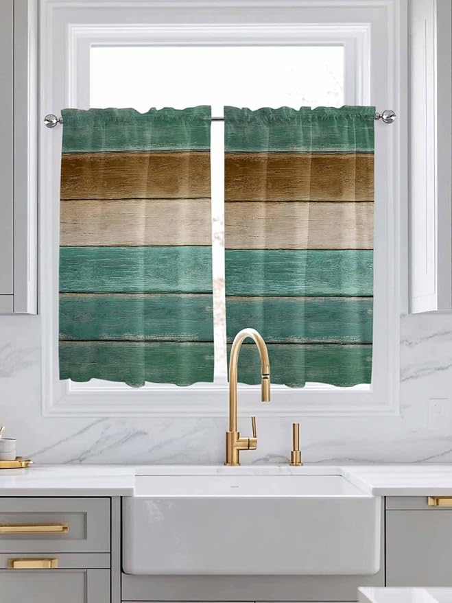 Vintage Plank Turquoise Brown Window Valance Curtains, Farmhouse Wood Grain - Image 2