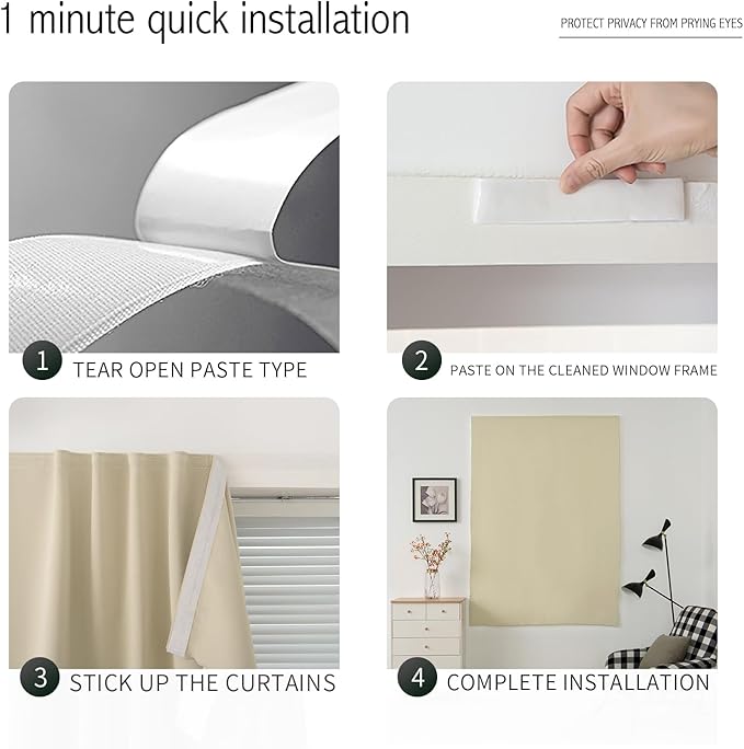 Self Adhesive Portable Blackout Curtains for Bedroom Easy to Install Window Thermal Lnsulated Kitchen Room Darkening Small Window Curtains, Cortinas Para Cuarto, 35"W X 79"L, Beige, 1 Panel