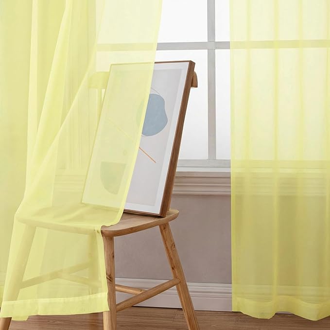 Chyhomenyc Sheer Curtains 96 inches Long 2 Panels - Light Filtering Soft Airy Solid Elegant Voile Window Treatment Drapes for Bedroom Living Room, 42Wx96L, 8FT, Light Yellow